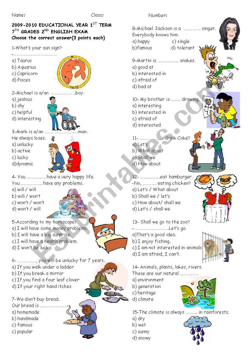 exam for 7th graders part 1 worksheet