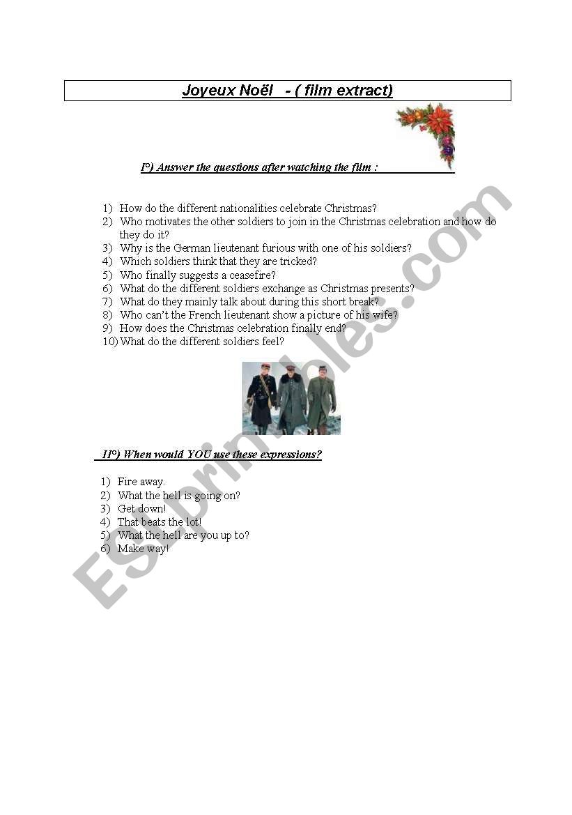 Joyeux Nol - film extract worksheet