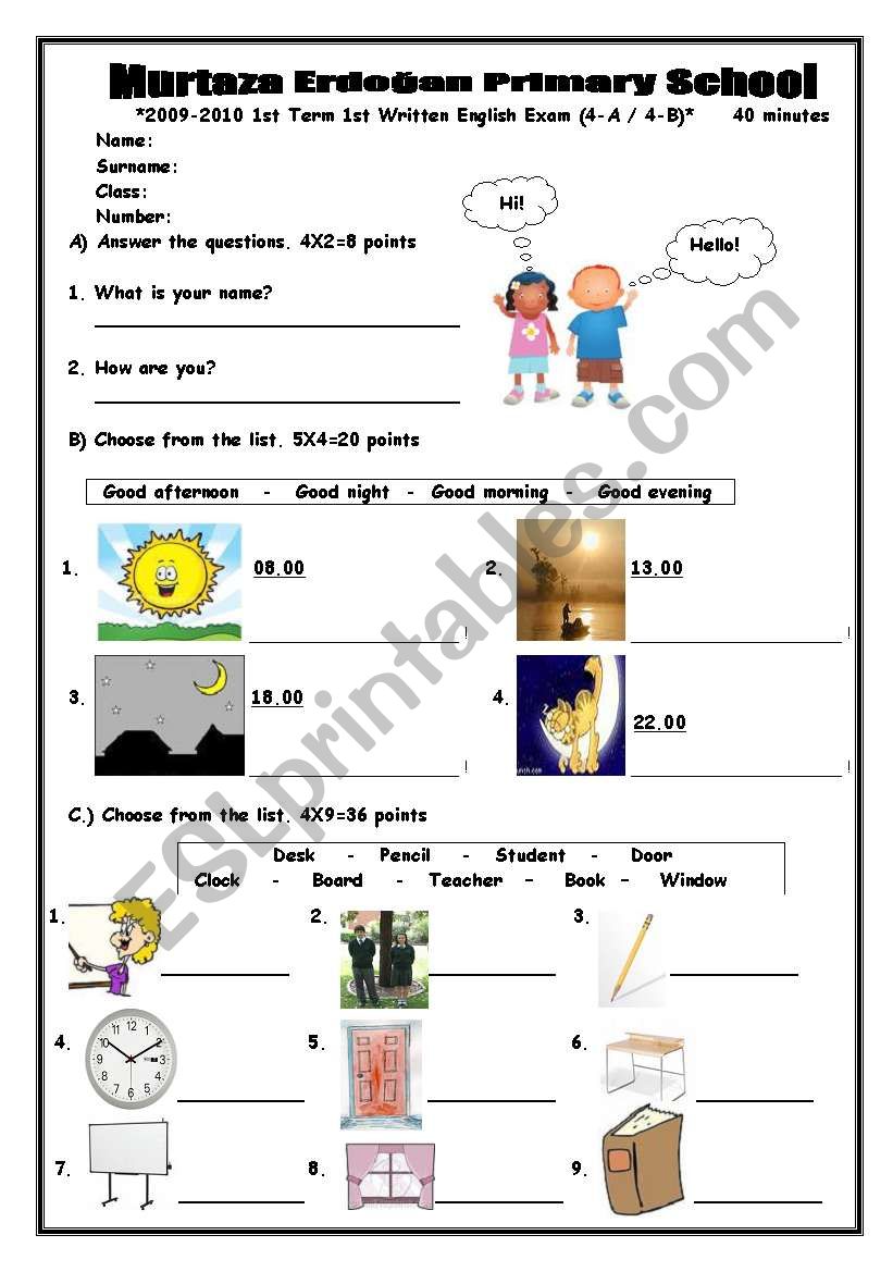 Written Exam for 4th grades worksheet