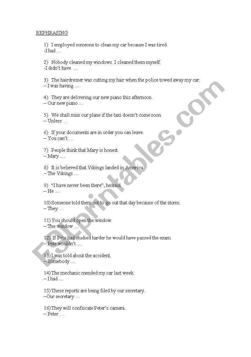 REPHRASING worksheet