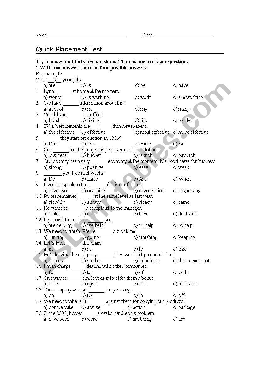 quick placement test worksheet