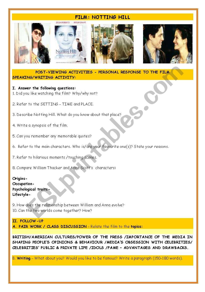 MOVIE : NOTTING HILL worksheet