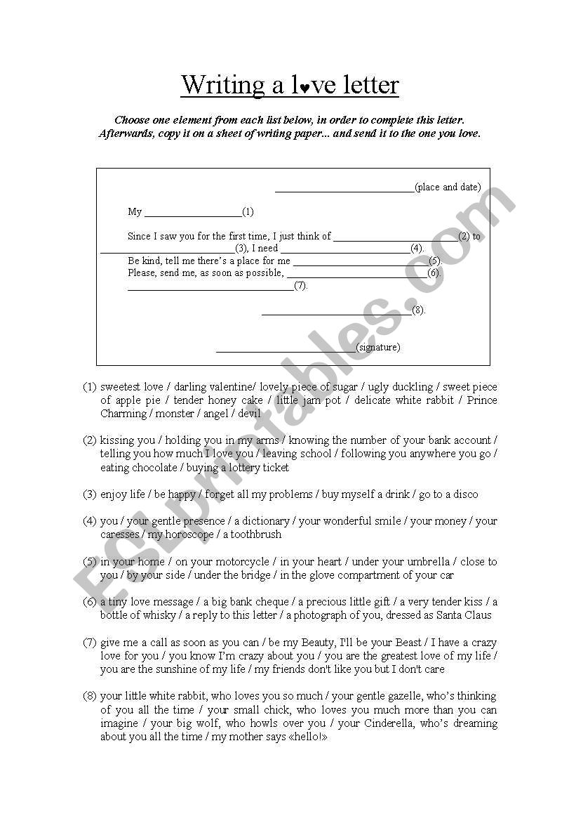 Writing a love letter worksheet