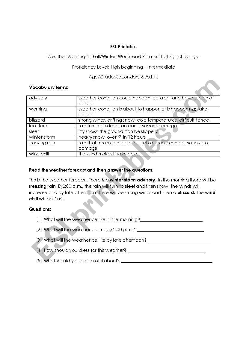 English Worksheets Weather Warnings In Fall Winter Words And Phrases That Signal Danger