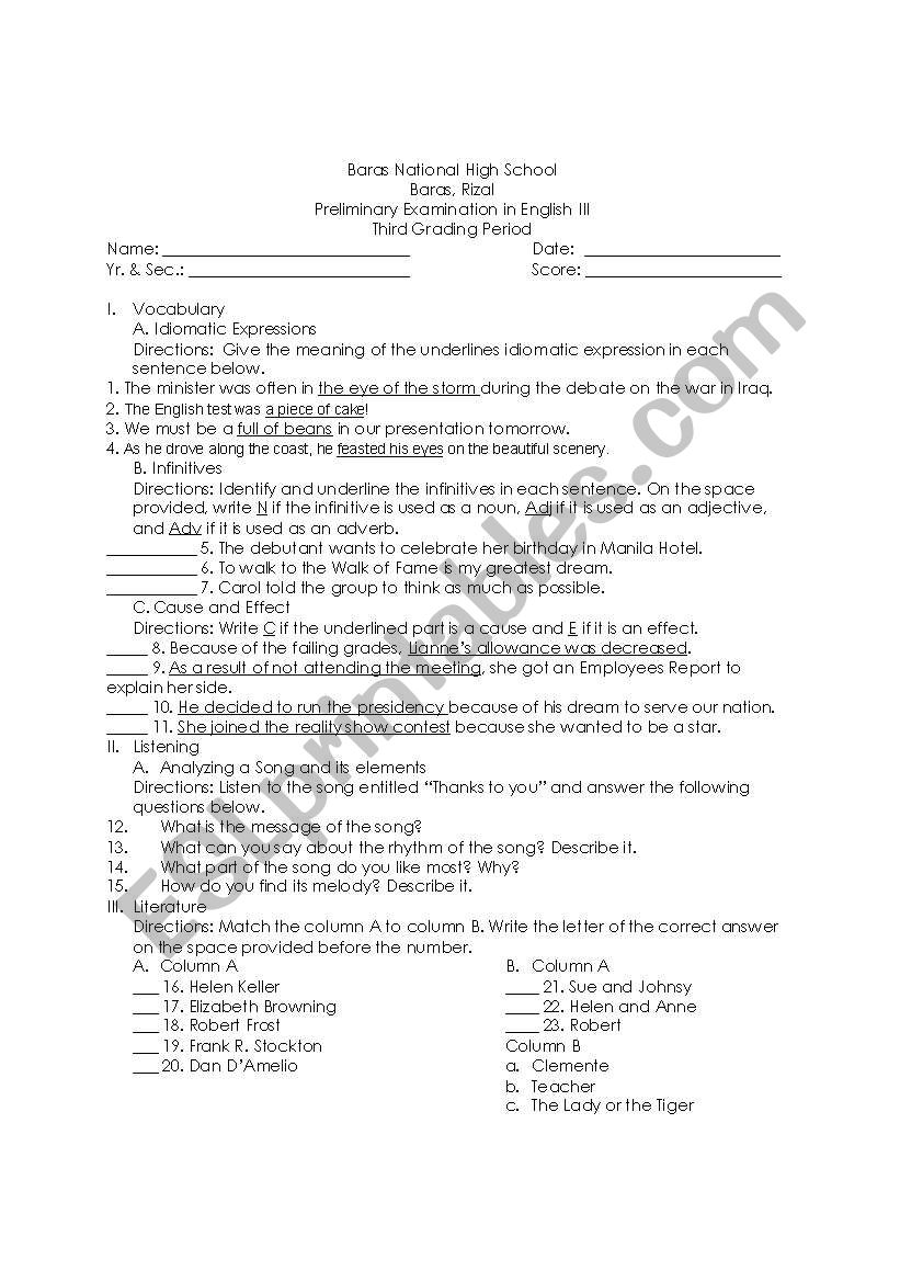 preliminary examination english III