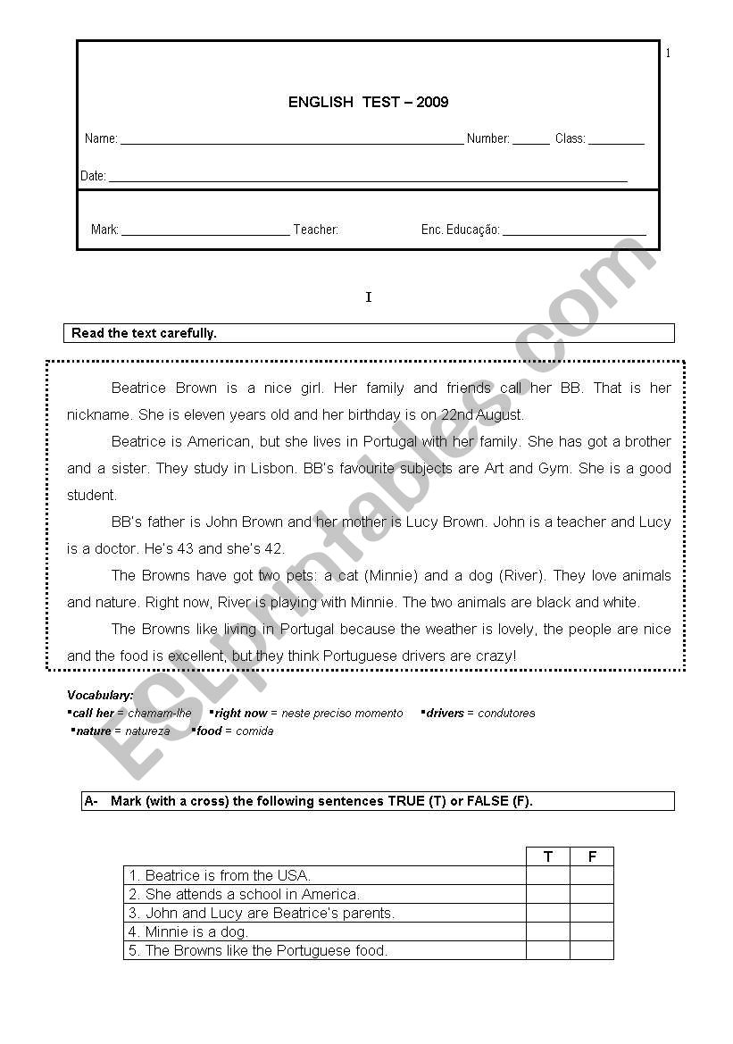 English test - 5th/6th grade worksheet