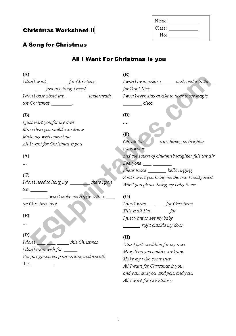 All I Want for Christmas worksheet