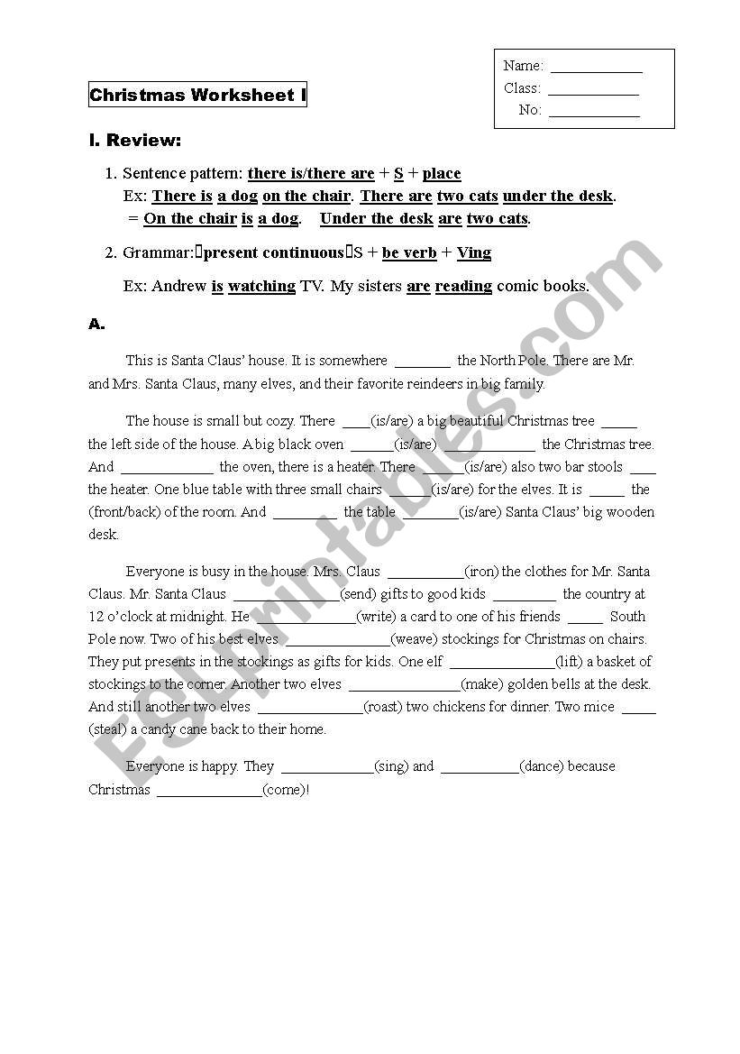 Practice for Christmas, preposition, present continuous  Part I