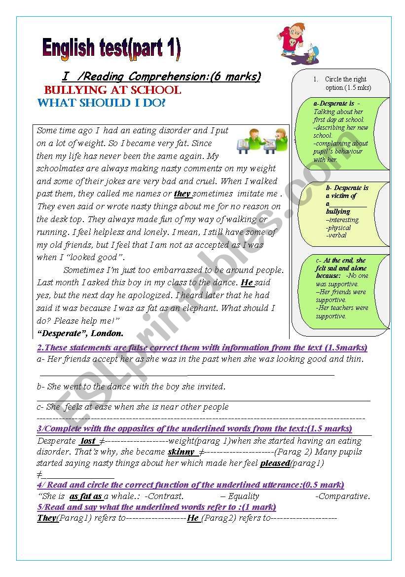 English Test: ( part1)(9th form end of 1st term test): Reading Comprehension/Writing: Bullying at school