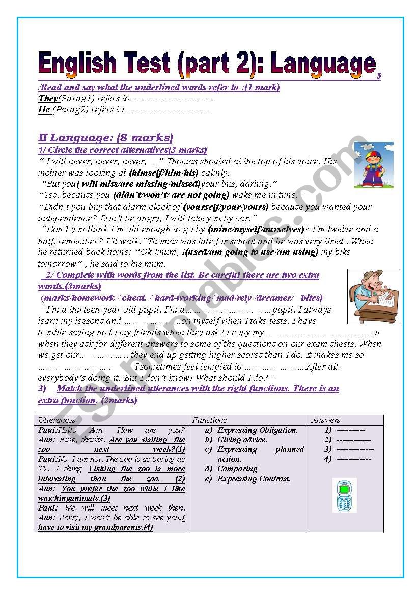 English test (part2): (9thform end of term 1)Language: Grammar+ Vocabulary