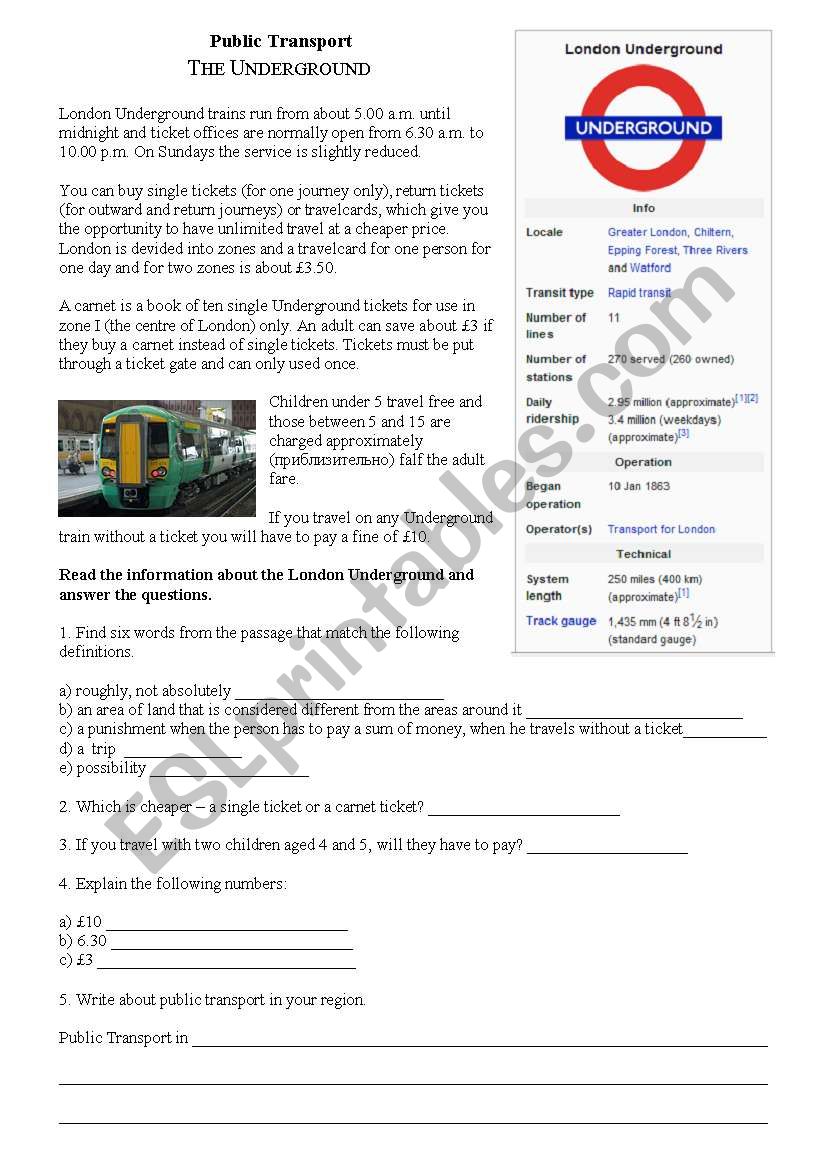 Public Transport worksheet