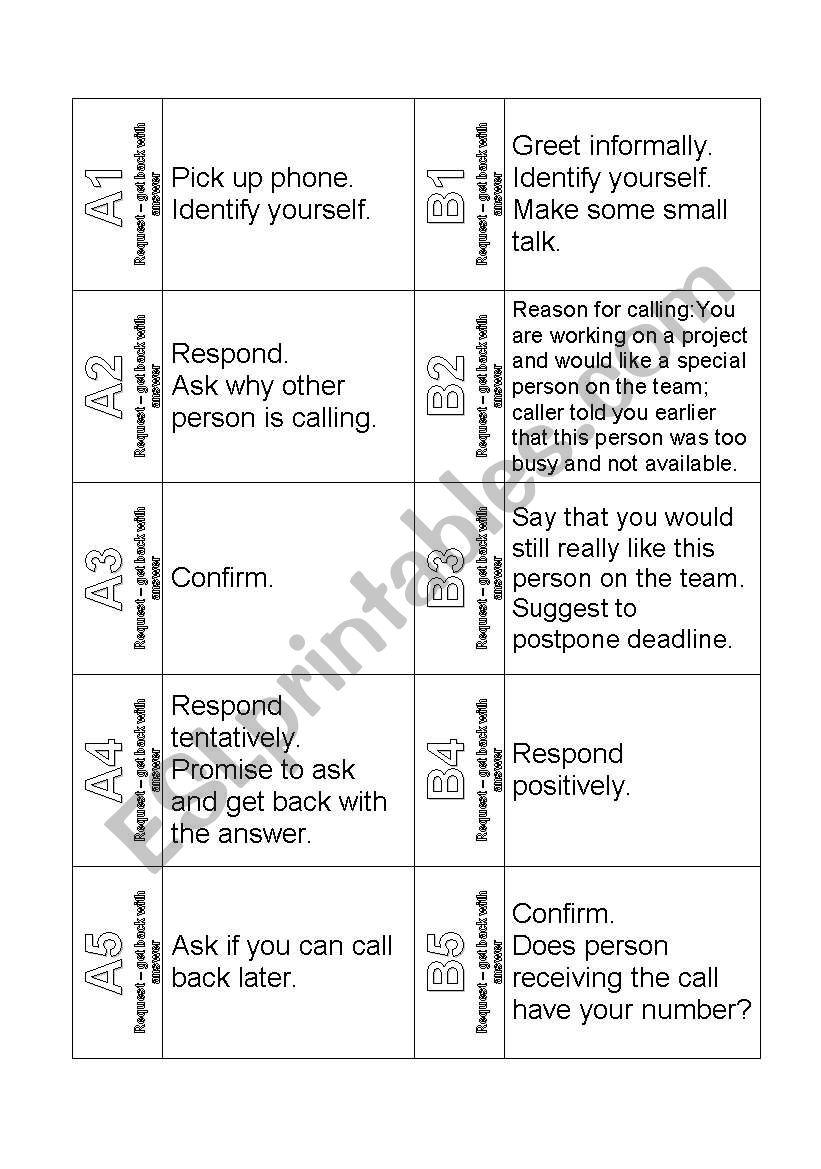 The Ultimate Telephoning Challenge - Cards - Phone Calls (Request-Get back with Answer) Business English Role Play Cards