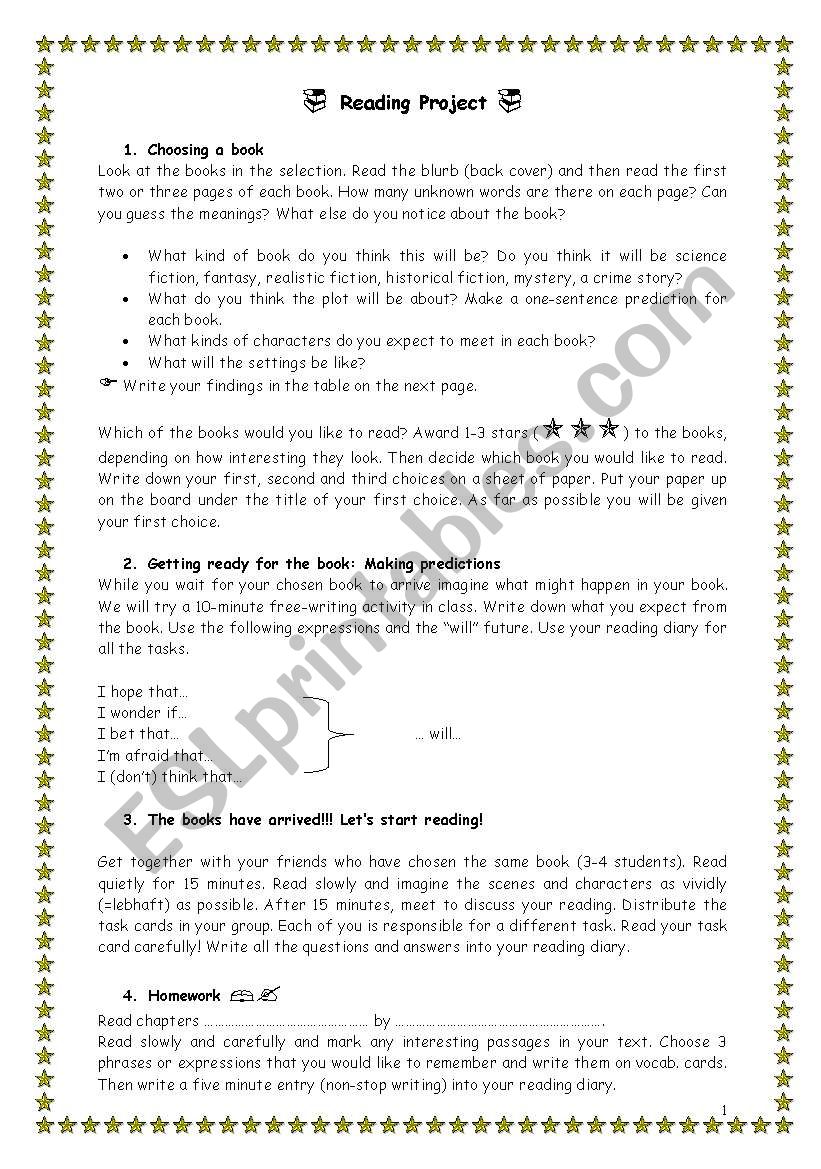 Reading project worksheet