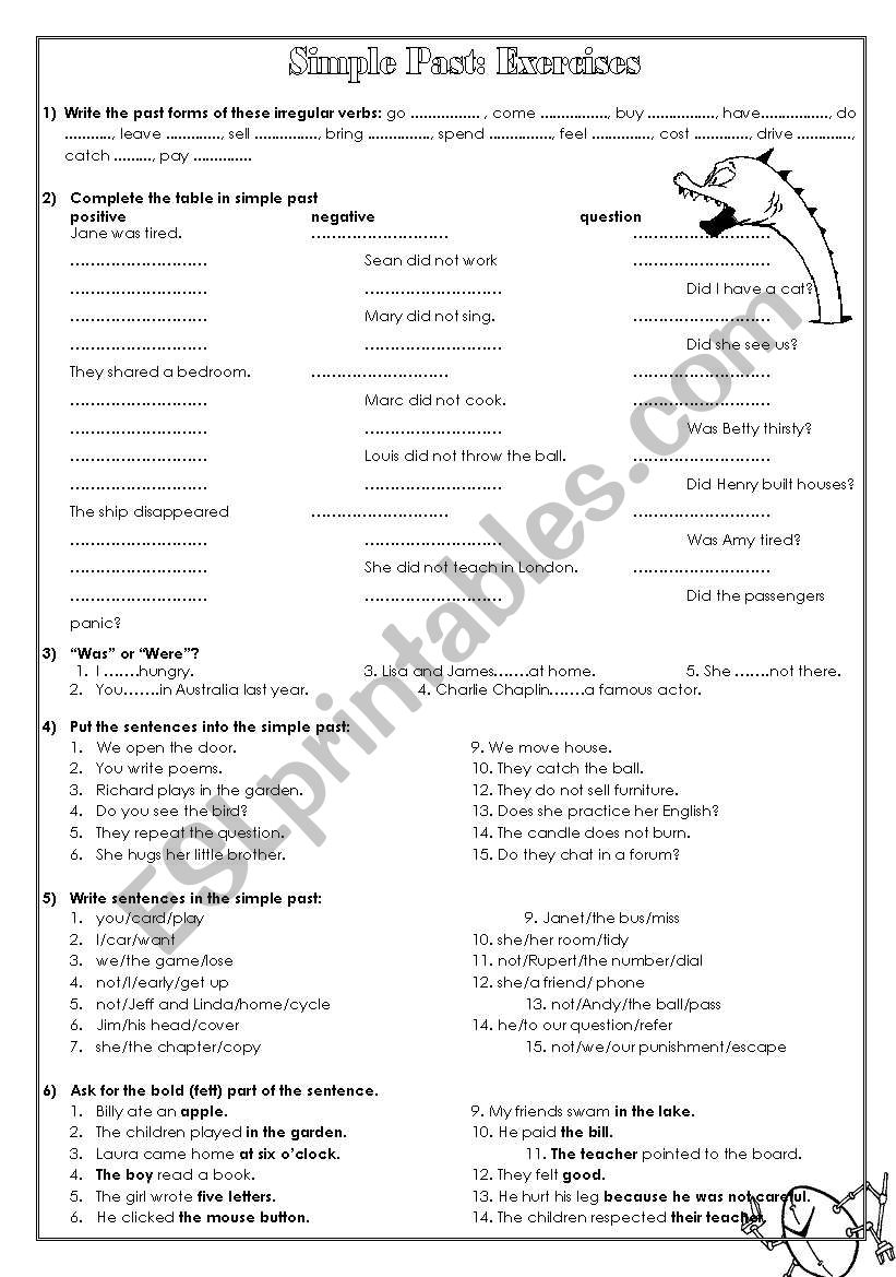 Exercises on Simple Past - b/w version (sheet 2) 