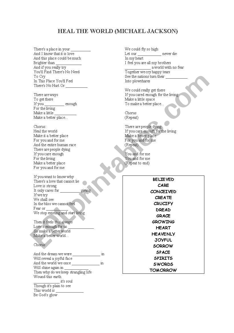 Heal the world worksheet