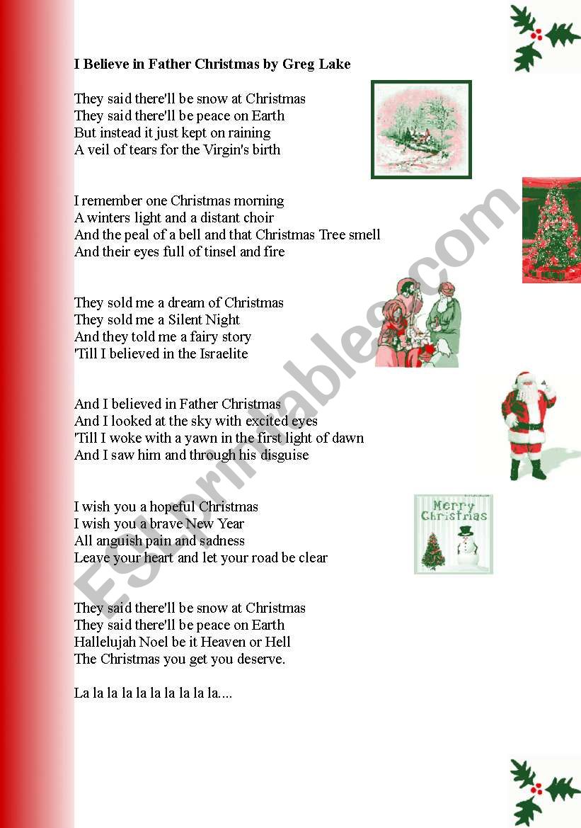 I Believe in Father Christmas - by  Greg Lake - Song and Discussion Activity 