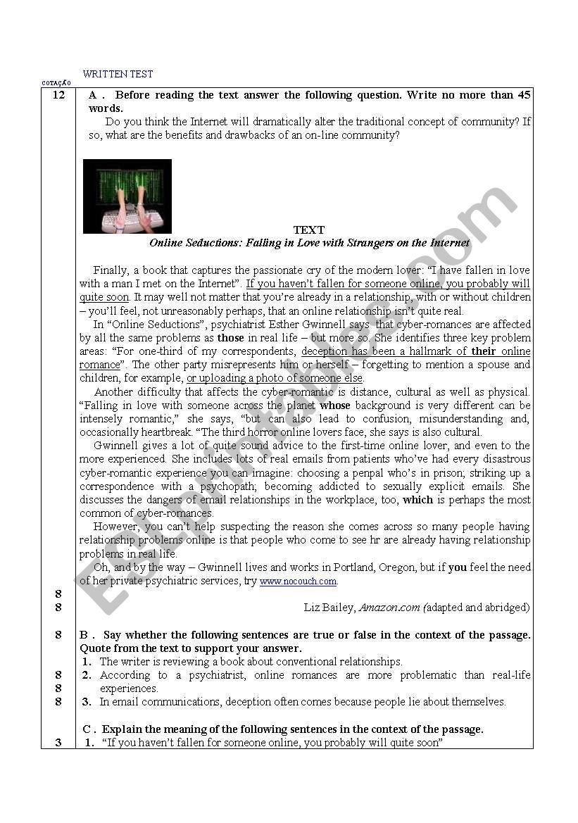 Test on online romance worksheet