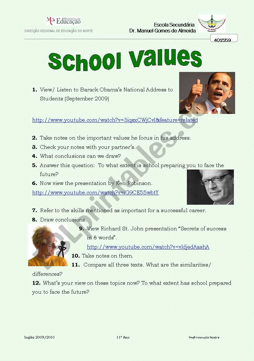School Values worksheet