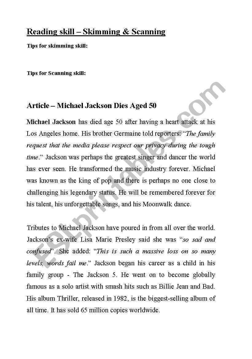 READING SKILL WORKSHEET  worksheet