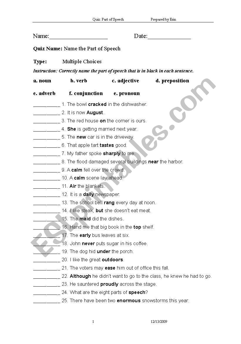 exercise about parts of speech