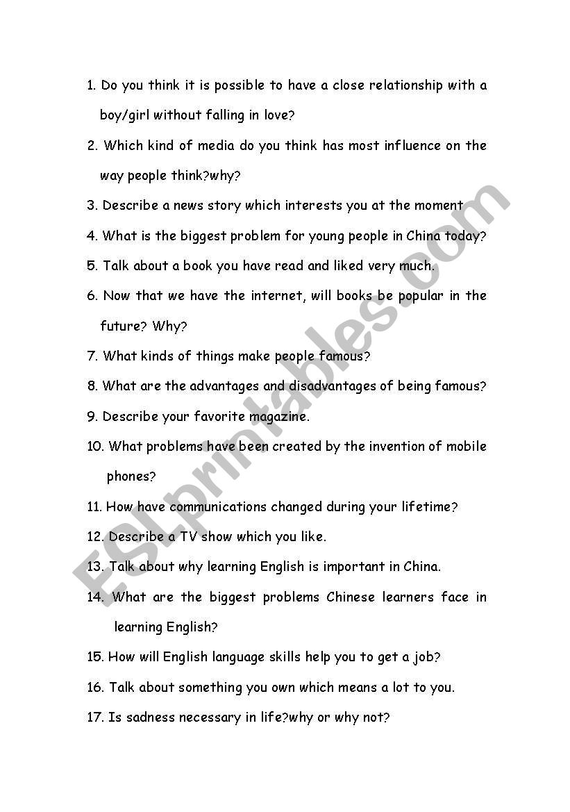 topics for speaking worksheet