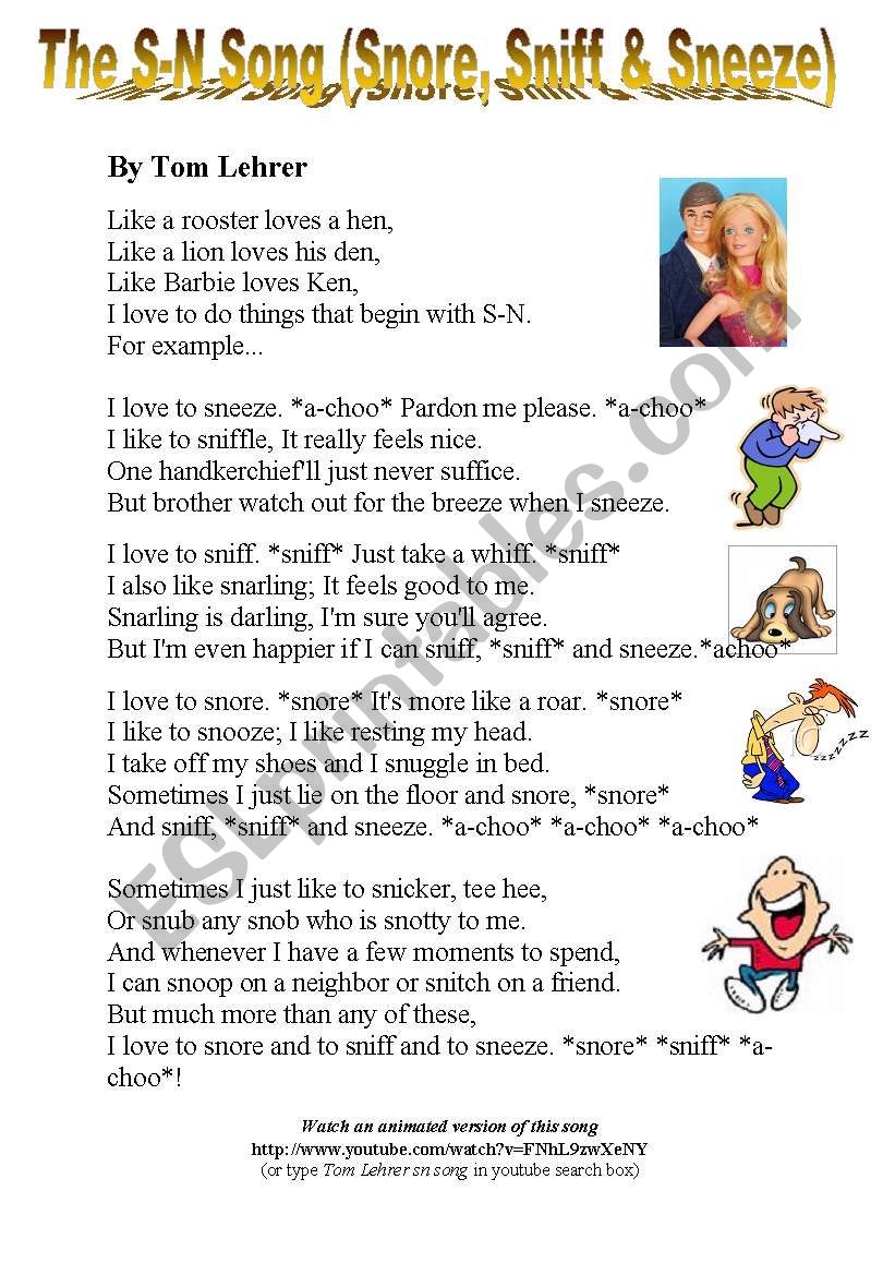A listening activity based on a funny song from the very funny Tom Lehrer.  - ESL worksheet by Lost in France