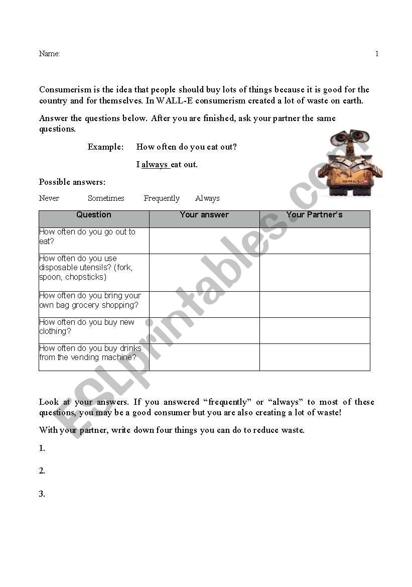 Wall-E Environment Survey worksheet