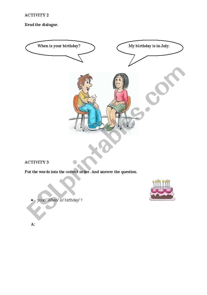 Activity 2 for Months worksheet