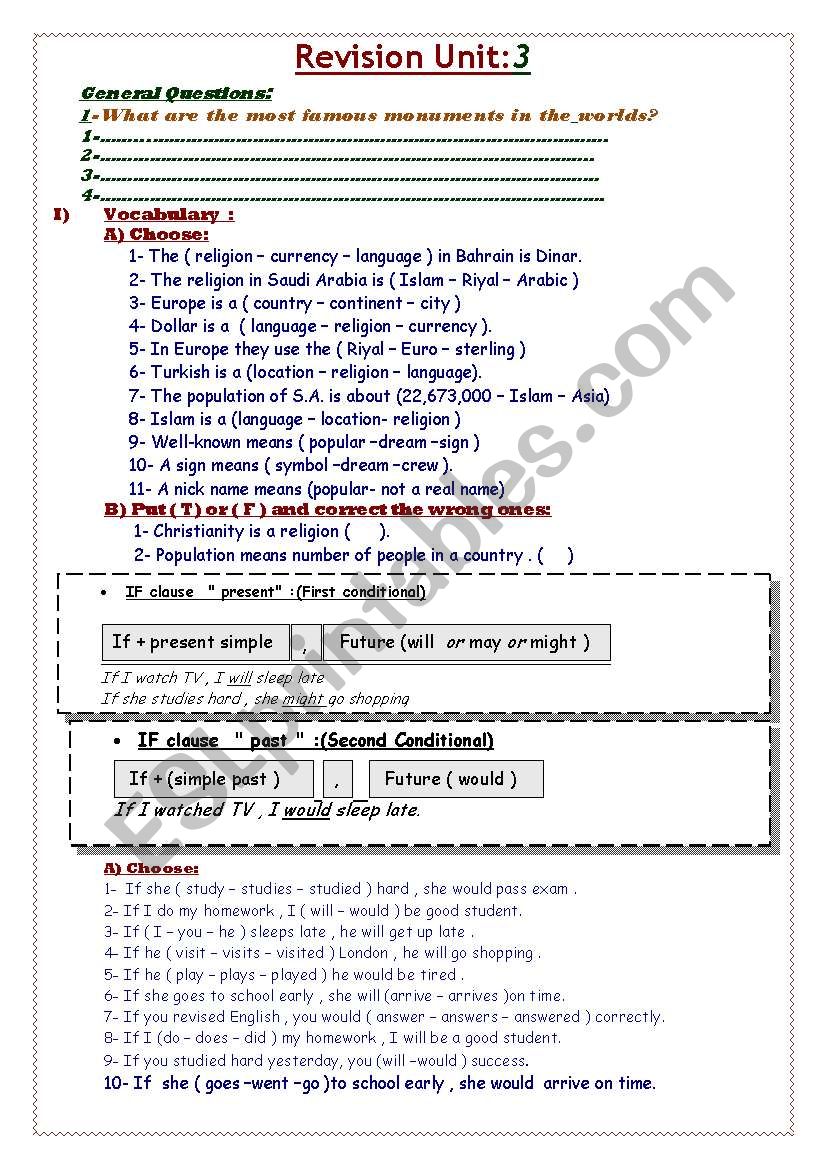 Worksheet for Third Year worksheet