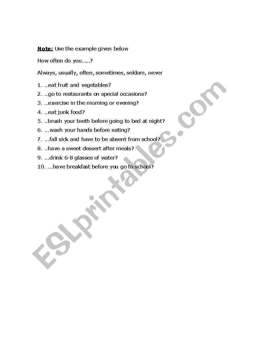 work sheet for the use of adverbs of frequency