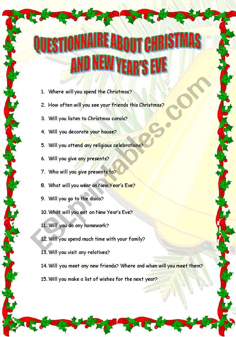 Questionnaire about Christmas and New Years Eve