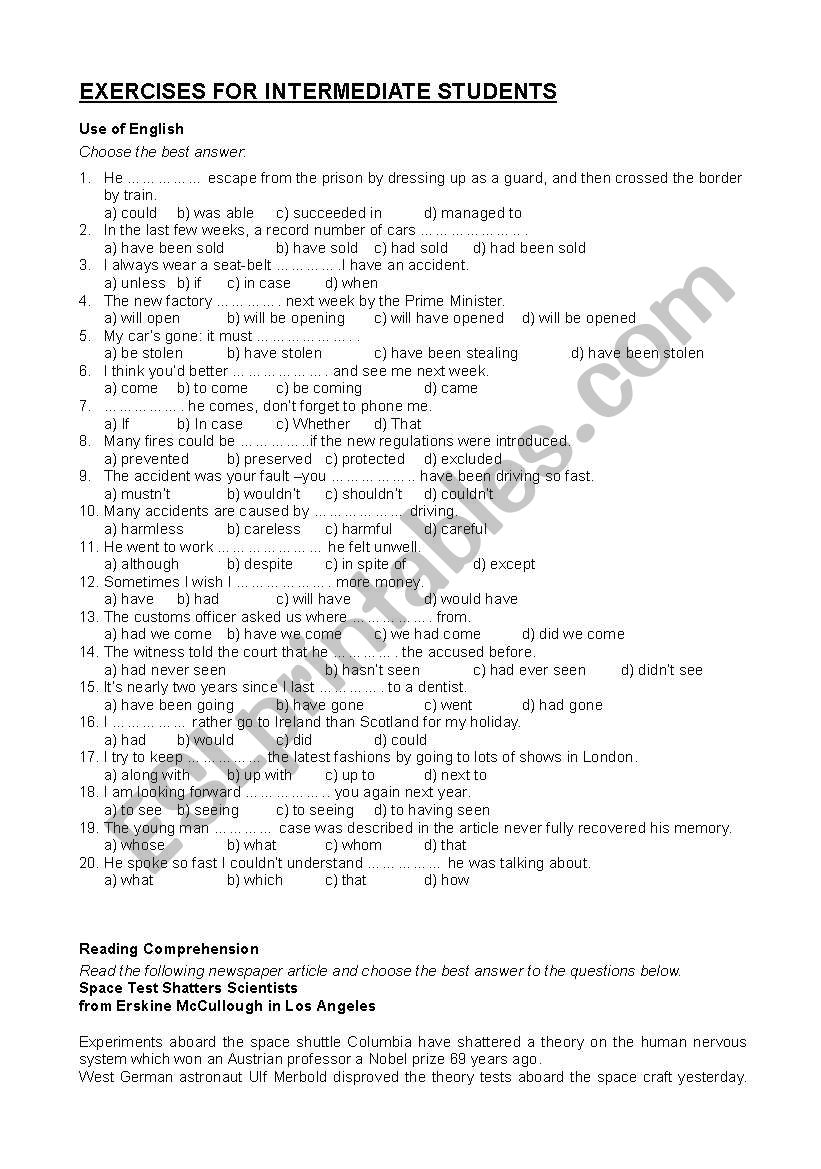 EXERCISES FOR INTERMEDIATE STUDENTS