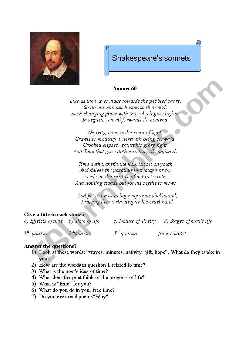 shakespeares sonnet worksheet