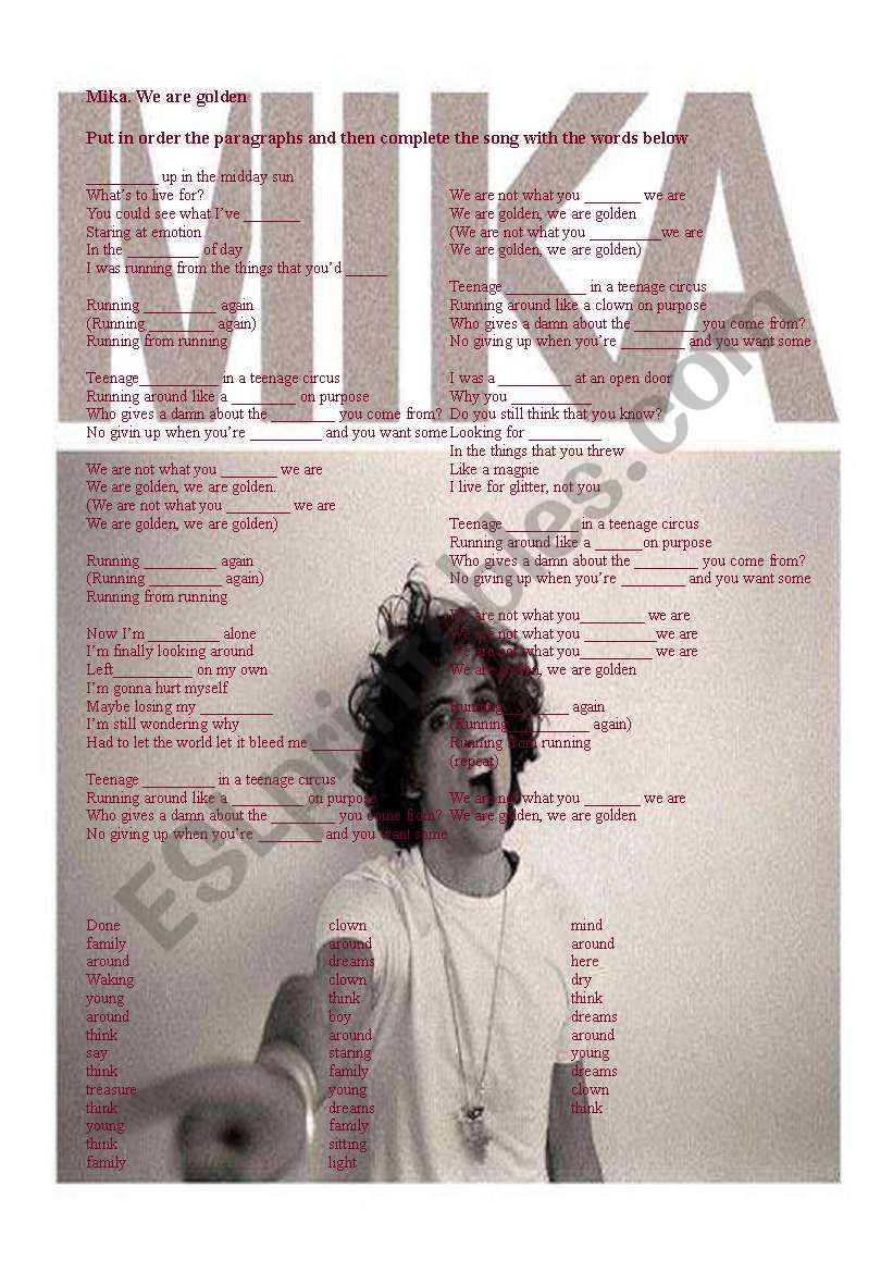 Mika: We are golden worksheet