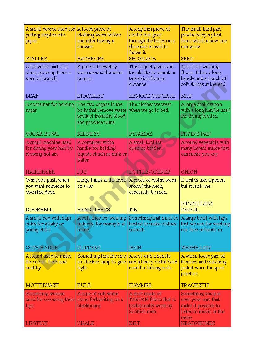 DEFINITIONS GAME worksheet