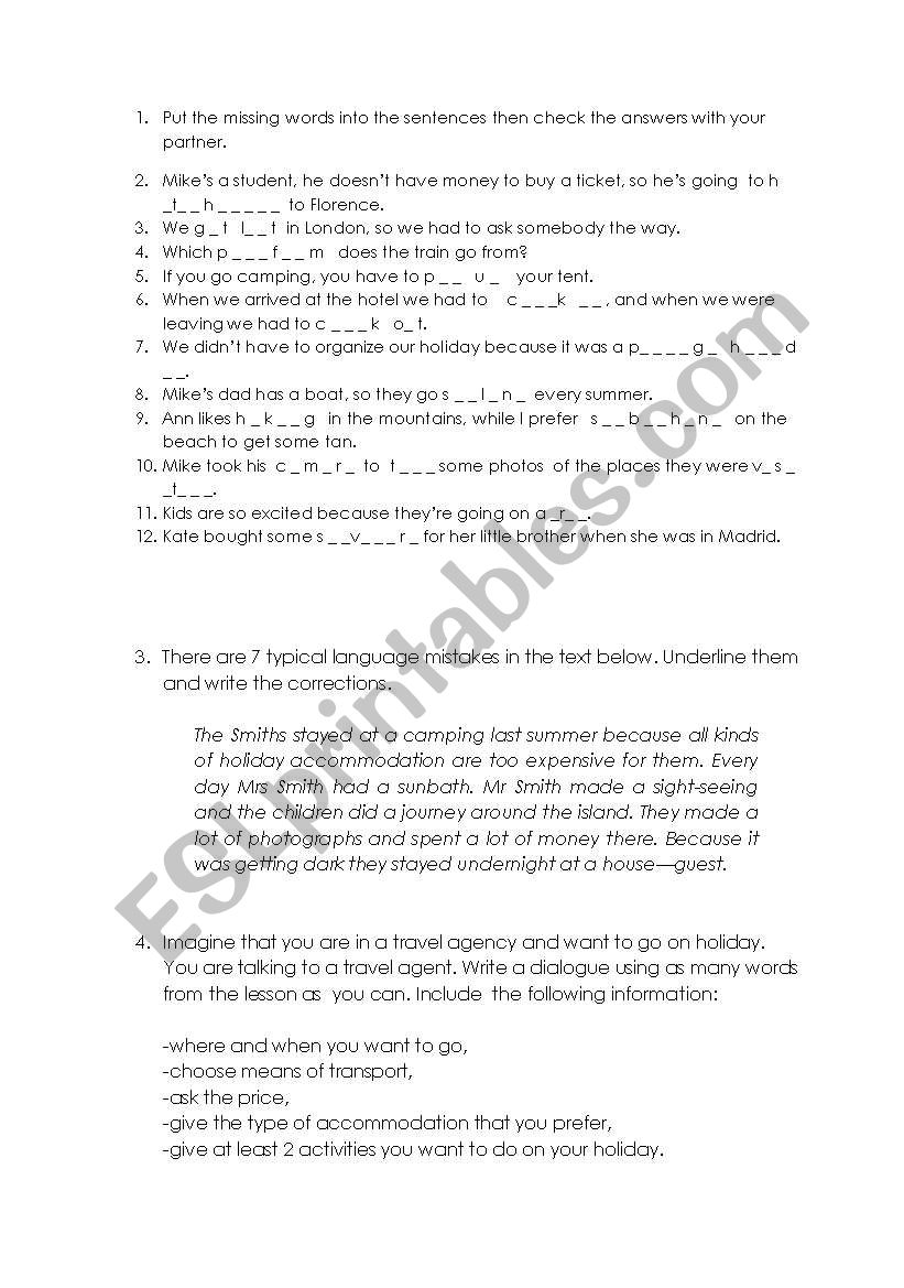 travelling worksheet