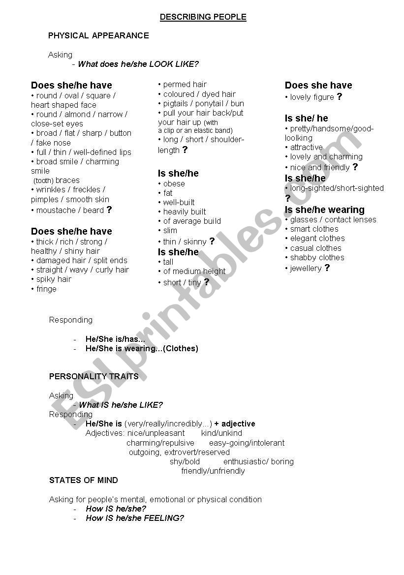 Describing people & things worksheet