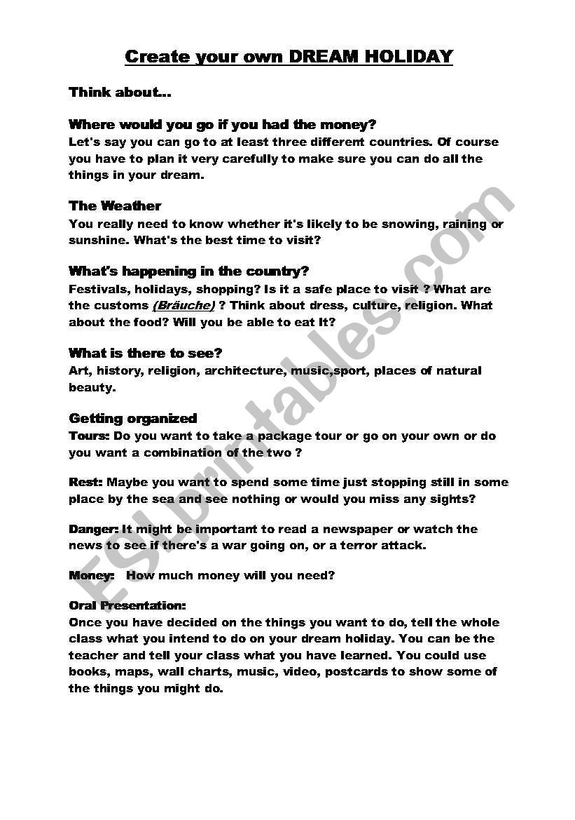 Create your dream holiday worksheet