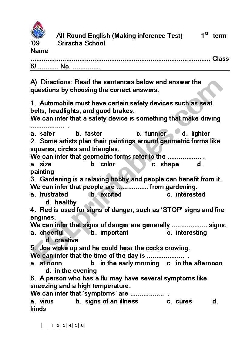 Making inference test worksheet