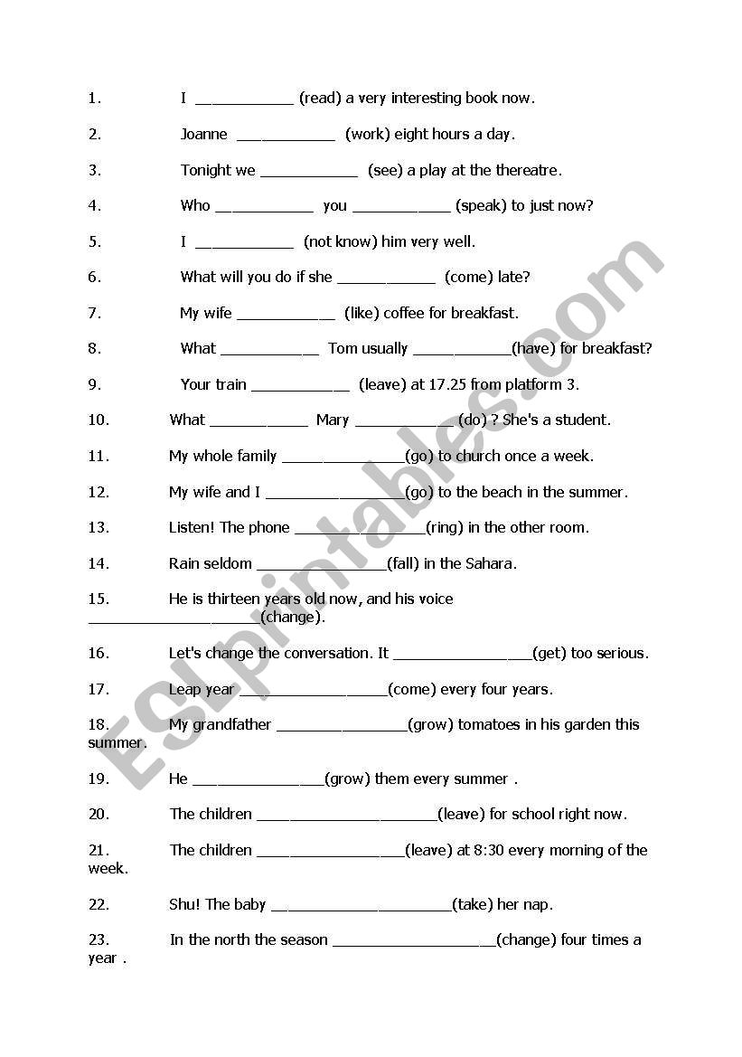 s. present tense worksheet