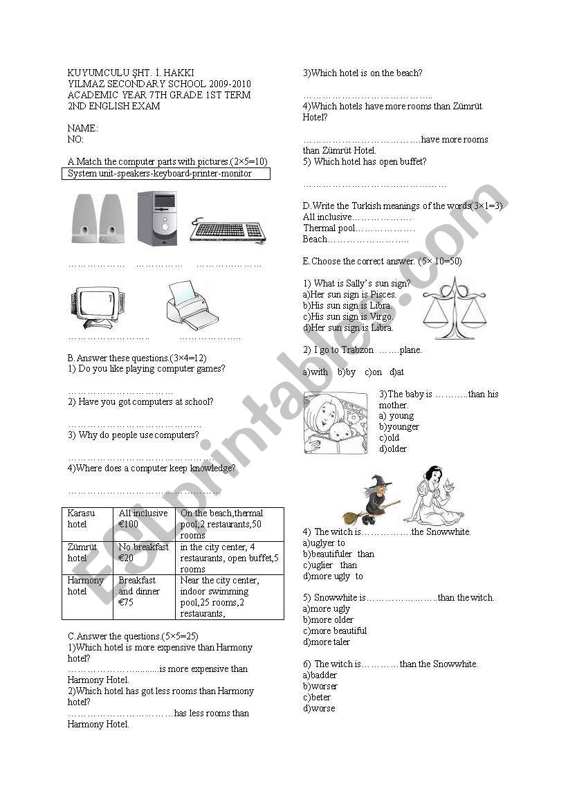 my english 2nd exam 7 grade worksheet