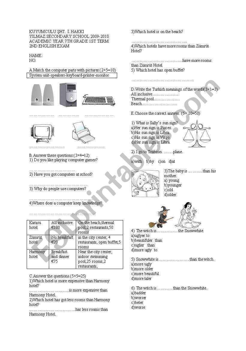 my english 2nd exam 7 grade worksheet