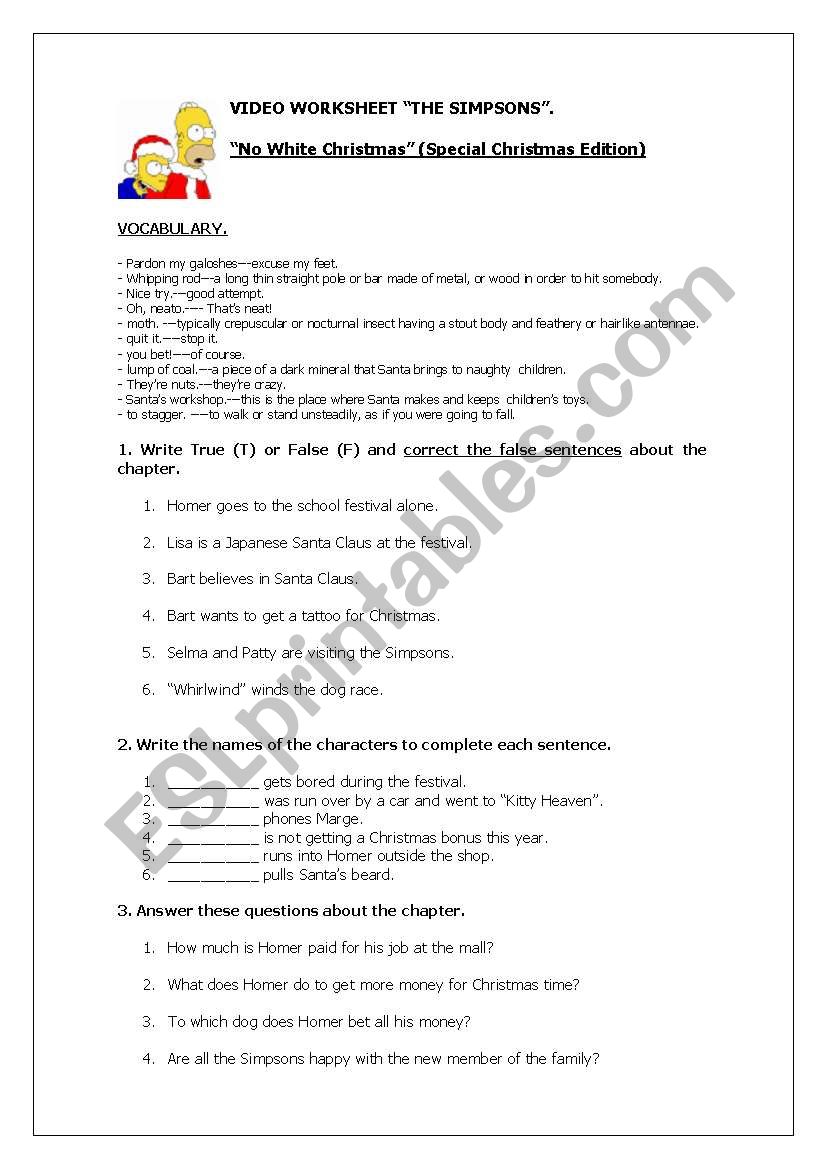 No White Christmas. The Simpsons video Worksheet.