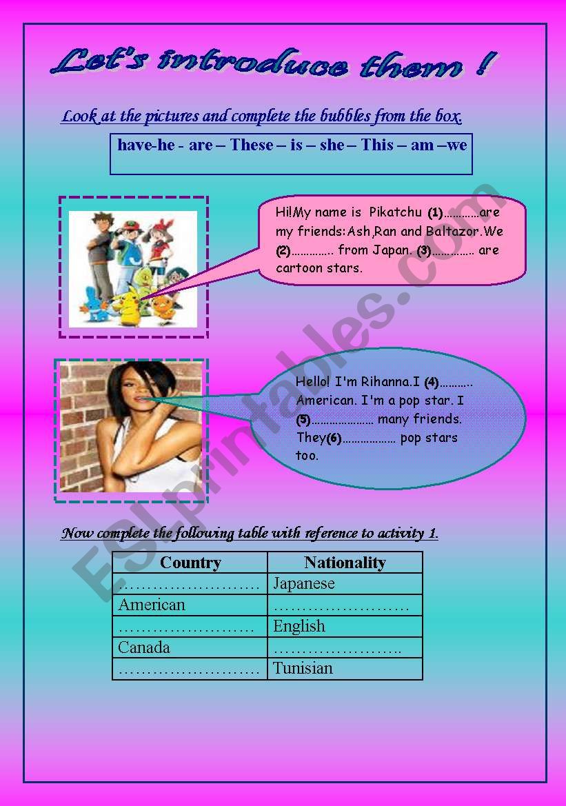 Lets introduce them ! worksheet