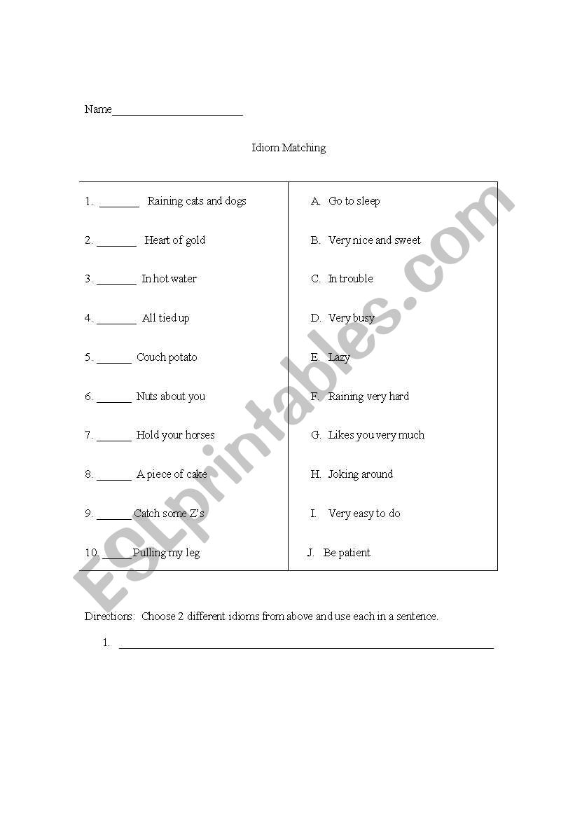 Idiom Matching worksheet Idiom Matching worksheet