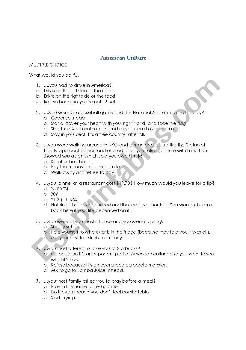 American Culture Quiz worksheet