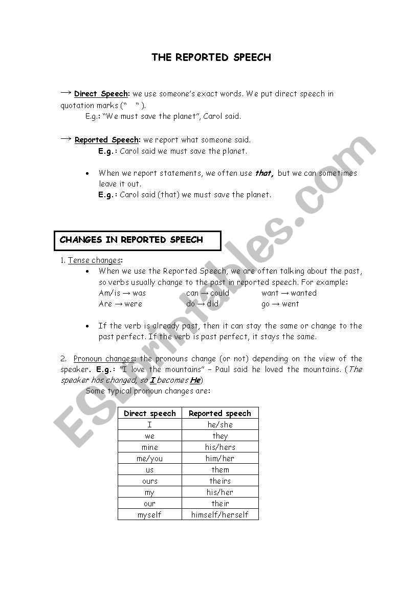 reported speech worksheet