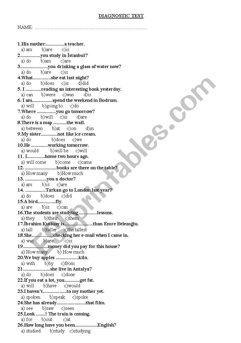 Diagnostic Test worksheet