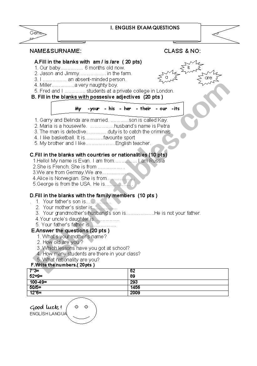 exam worksheet
