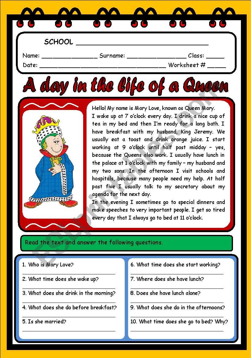 A DAY IN THE LIFE OF A QUEEN worksheet